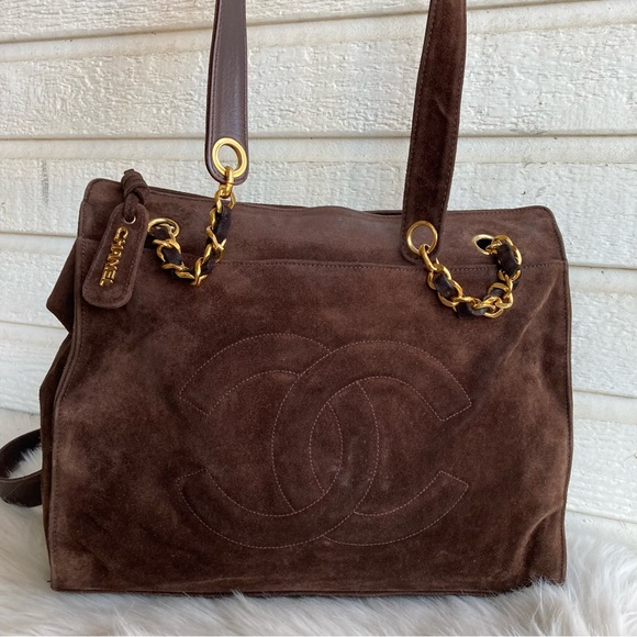 CHANEL Brown Suede Jumbo CC Chain Tote Handbag Vintage Classic - Picture 3 of 16